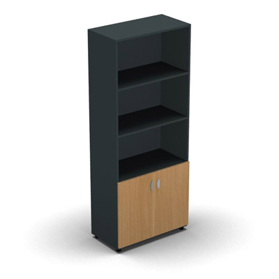 Armoire haute mlamin - 2 portes pleines + niche - 4 tablettes - 80 x 198 cm - portes htre saumonn - top et faades anthracite