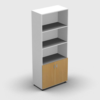 Armoire haute mlamin - 2 portes pleines + niche - 4 tablettes - 80 x 198 cm - portes htre dor - top et faades blanc neige
