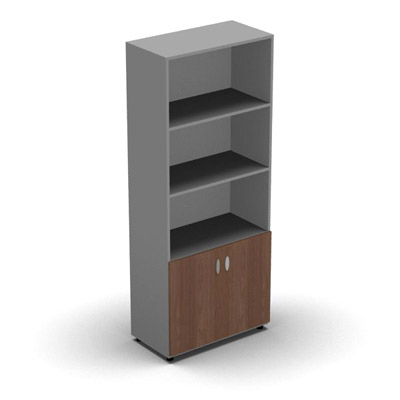 Armoire haute mlamin - 2 portes pleines + niche - 4 tablettes - 80 x 198 cm - portes noyer ambr - top et faades aluminium