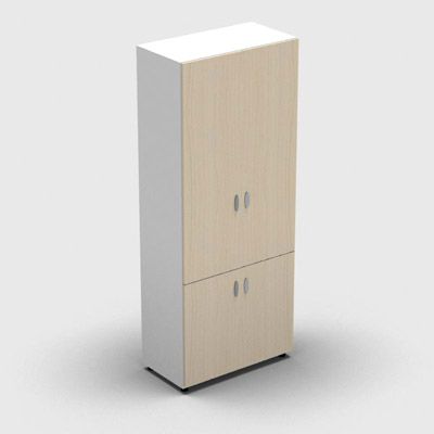 Armoire haute mlamin - 4 portes pleines - 4 tablettes - 80 x 198 cm - portes rable - top et faades blanc neige