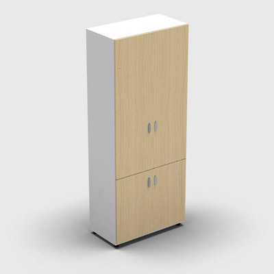Armoire haute mlamin - 4 portes pleines - 4 tablettes - 80 x 198 cm - portes htre clair - top et faades blanc neige