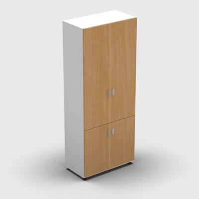 Armoire haute mlamin - 4 portes pleines - 4 tablettes - 80 x 198 cm - portes htre saumonn - top et faades blanc neige