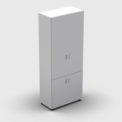 Armoire haute mlamin - 4 portes pleines - 4 tablettes - 80 x 198 cm - portes gris clair - top et faades blanc neige