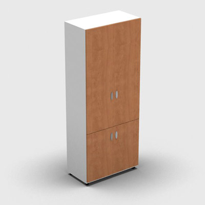 Armoire haute mlamin - 4 portes pleines - 4 tablettes - 80 x 198 cm - portes pommier de France - top et faades blanc neige