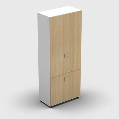 Armoire haute mlamin - 4 portes pleines - 4 tablettes - 80 x 198 cm - portes chne clair - top et faades blanc neige