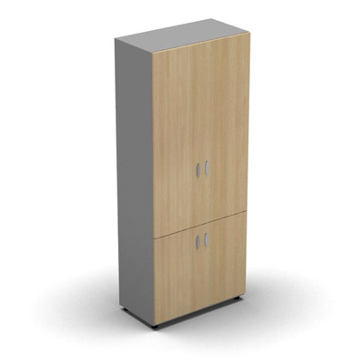 Armoire haute mlamin - 4 portes pleines - 4 tablettes - 80 x 198 cm - portes chne clair - top et faades aluminium