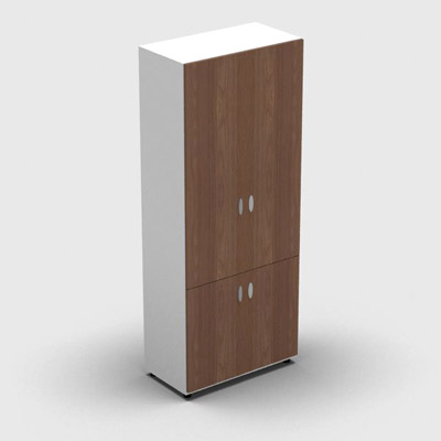 Armoire haute mlamin - 4 portes pleines - 4 tablettes - 80 x 198 cm - portes noyer ambr - top et faades blanc neige