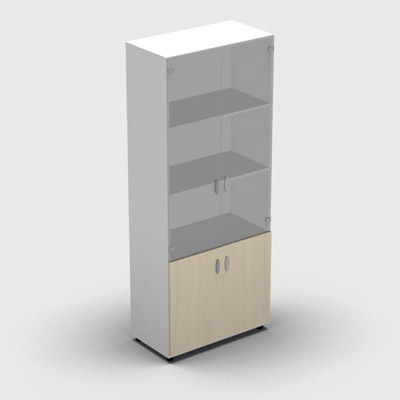 Armoire haute mlamin - 2 portes vitres + 2 portes mlamins - 4 tablettes - 80 x 198 cm - verre transparent dpoli - portes mlamins rable blanc - corps blanc neige
