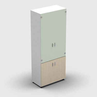 Armoire haute mlamin - 2 portes vitres + 2 portes mlamins - 4 tablettes - 80 x 198 cm - verre maill blanc - portes mlamins rable blanc - corps blanc neige