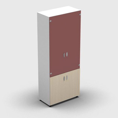 Armoire haute mlamin - 2 portes vitres + 2 portes mlamins - 4 tablettes - 80 x 198 cm - verre maill rouge rubis - portes mlamins rable blanc - corps blanc neige
