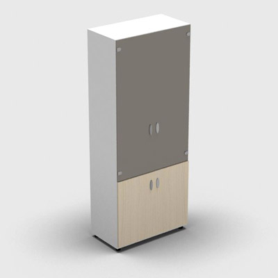Armoire haute mlamin - 2 portes vitres + 2 portes mlamins - 4 tablettes - 80 x 198 cm - verre maill gris souris - portes mlamins rable blanc - corps blanc neige