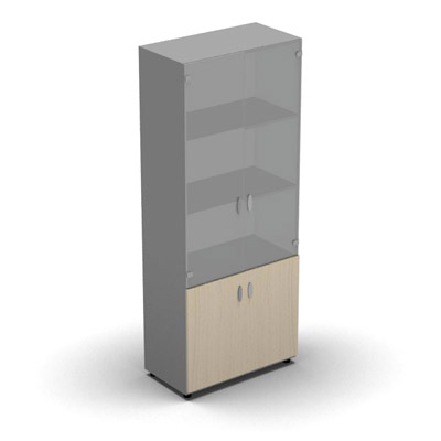 Armoire haute mlamin - 2 portes vitres + 2 portes mlamins - 4 tablettes - 80 x 198 cm - verre transparent dpoli - portes mlamins rable blanc - corps gris aluminium
