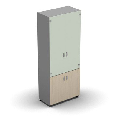 Armoire haute mlamin - 2 portes vitres + 2 portes mlamins - 4 tablettes - 80 x 198 cm - verre maill blanc - portes mlamins rable blanc - corps gris aluminium