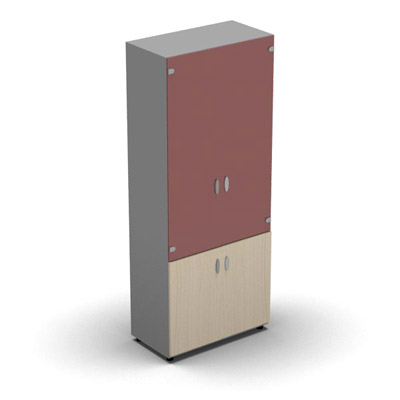 Armoire haute mlamin - 2 portes vitres + 2 portes mlamins - 4 tablettes - 80 x 198 cm - verre maill rouge rubis - portes mlamins rable blanc - corps gris aluminium
