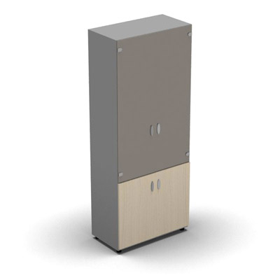 Armoire haute mlamin - 2 portes vitres + 2 portes mlamins - 4 tablettes - 80 x 198 cm - verre maill gris souris - portes mlamins rable blanc - corps gris aluminium