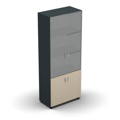 Armoire haute mlamin - 2 portes vitres + 2 portes mlamins - 4 tablettes - 80 x 198 cm - verre transparent dpoli - portes mlamins rable blanc - corps gris anthracite