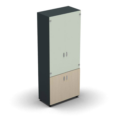 Armoire haute mlamin - 2 portes vitres + 2 portes mlamins - 4 tablettes - 80 x 198 cm - verre maill blanc - portes mlamins rable blanc - corps gris anthracite