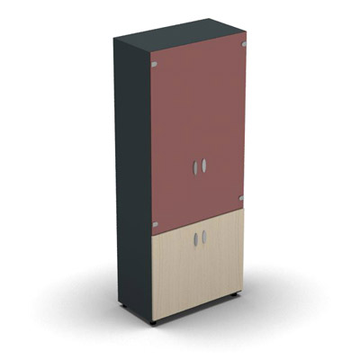 Armoire haute mlamin - 2 portes vitres + 2 portes mlamins - 4 tablettes - 80 x 198 cm - verre maill rouge rubis - portes mlamins rable blanc - corps gris anthracite