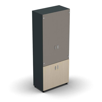 Armoire haute mlamin - 2 portes vitres + 2 portes mlamins - 4 tablettes - 80 x 198 cm - verre maill gris souris - portes mlamins rable blanc - corps gris anthracite