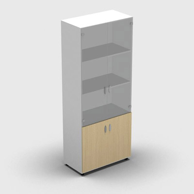Armoire haute mlamin - 2 portes vitres + 2 portes mlamins - 4 tablettes - 80 x 198 cm - verre transparent dpoli - portes mlamins htre clair - corps blanc neige