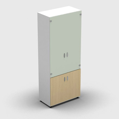 Armoire haute mlamin - 2 portes vitres + 2 portes mlamins - 4 tablettes - 80 x 198 cm - verre maill blanc - portes mlamins htre clair - corps blanc neige