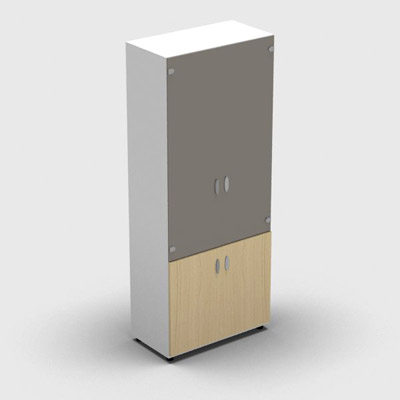 Armoire haute mlamin - 2 portes vitres + 2 portes mlamins - 4 tablettes - 80 x 198 cm - verre maill gris souris - portes mlamins htre clair - corps blanc neige
