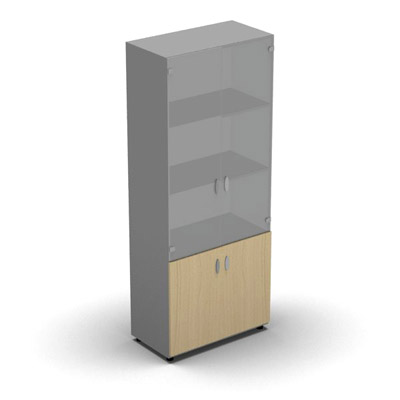 Armoire haute mlamin - 2 portes vitres + 2 portes mlamins - 4 tablettes - 80 x 198 cm - verre transparent dpoli - portes mlamins htre clair - corps gris aluminium