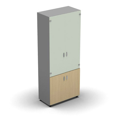 Armoire haute mlamin - 2 portes vitres + 2 portes mlamins - 4 tablettes - 80 x 198 cm - verre maill blanc - portes mlamins htre clair - corps gris aluminium