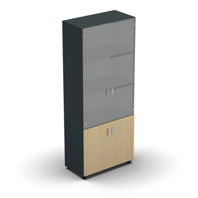 Armoire haute mlamin - 2 portes vitres + 2 portes mlamins - 4 tablettes - 80 x 198 cm - verre transparent dpoli - portes mlamins htre clair - corps gris anthracite