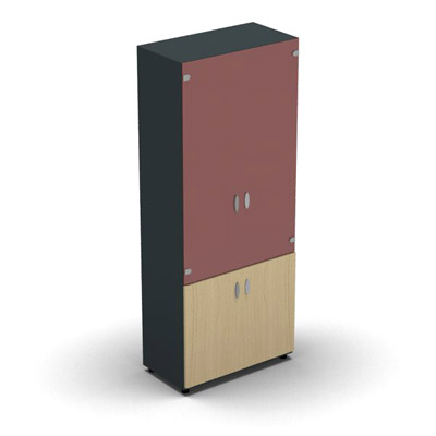 Armoire haute m�lamin� - 2 portes vitr�es + 2 portes m�lamin�s - 4 tablettes - 80 x 198 cm - verre �maill� rouge rubis - portes m�lamin�s h�tre clair - corps gris anthracite