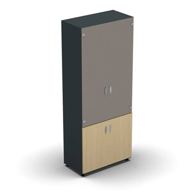 Armoire haute m�lamin� - 2 portes vitr�es + 2 portes m�lamin�s - 4 tablettes - 80 x 198 cm - verre �maill� gris souris - portes m�lamin�s h�tre clair - corps gris anthracite