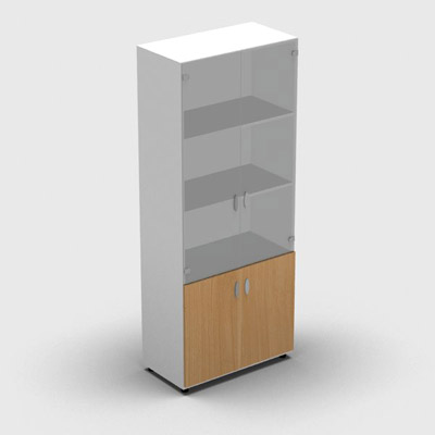 Armoire haute mlamin - 2 portes vitres + 2 portes mlamins - 4 tablettes - 80 x 198 cm - verre transparent dpoli - portes mlamins htre saumonn - corps blanc neige