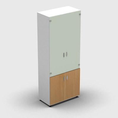 Armoire haute m�lamin� - 2 portes vitr�es + 2 portes m�lamin�s - 4 tablettes - 80 x 198 cm - verre �maill� blanc - portes m�lamin�s h�tre saumonn� - corps blanc neige