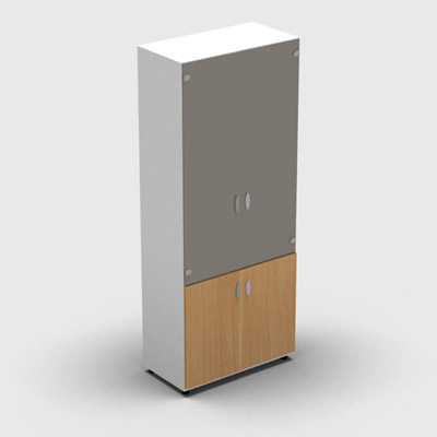 Armoire haute m�lamin� - 2 portes vitr�es + 2 portes m�lamin�s - 4 tablettes - 80 x 198 cm - verre �maill� gris souris - portes m�lamin�s h�tre saumonn� - corps blanc neige