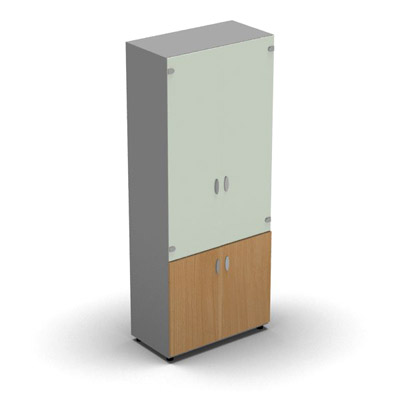 Armoire haute m�lamin� - 2 portes vitr�es + 2 portes m�lamin�s - 4 tablettes - 80 x 198 cm - verre �maill� blanc - portes m�lamin�s h�tre saumonn� - corps gris aluminium