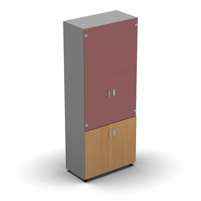 Armoire haute m�lamin� - 2 portes vitr�es + 2 portes m�lamin�s - 4 tablettes - 80 x 198 cm - verre �maill� rouge rubis - portes m�lamin�s h�tre saumonn� - corps gris aluminium