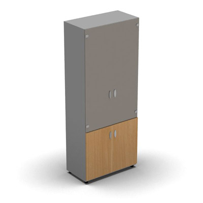 Armoire haute m�lamin� - 2 portes vitr�es + 2 portes m�lamin�s - 4 tablettes - 80 x 198 cm - verre �maill� gris souris - portes m�lamin�s h�tre saumonn� - corps gris aluminium