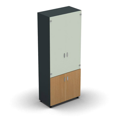 Armoire haute m�lamin� - 2 portes vitr�es + 2 portes m�lamin�s - 4 tablettes - 80 x 198 cm - verre �maill� blanc - portes m�lamin�s h�tre saumonn� - corps gris anthracite