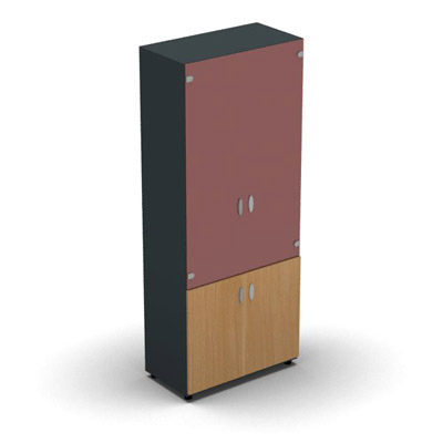 Armoire haute m�lamin� - 2 portes vitr�es + 2 portes m�lamin�s - 4 tablettes - 80 x 198 cm - verre �maill� rouge rubis - portes m�lamin�s h�tre saumonn� - corps gris anthracite