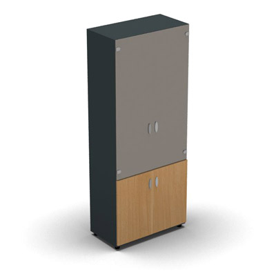 Armoire haute m�lamin� - 2 portes vitr�es + 2 portes m�lamin�s - 4 tablettes - 80 x 198 cm - verre �maill� gris souris - portes m�lamin�s h�tre saumonn� - corps gris anthracite