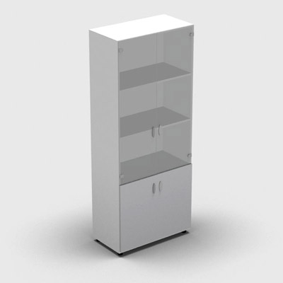 Armoire haute mlamin - 2 portes vitres + 2 portes mlamins - 4 tablettes - 80 x 198 cm - verre transparent dpoli - portes mlamins gris clair - corps blanc neige
