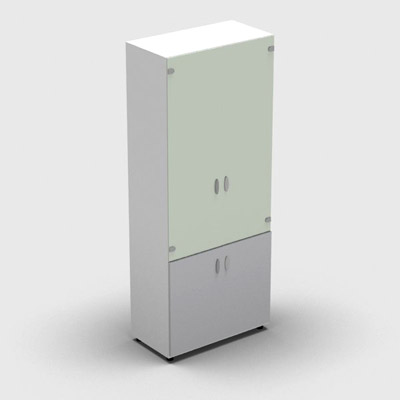 Armoire haute m�lamin� - 2 portes vitr�es + 2 portes m�lamin�s - 4 tablettes - 80 x 198 cm - verre �maill� blanc - portes m�lamin�s gris clair - corps blanc neige