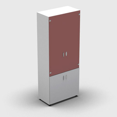 Armoire haute m�lamin� - 2 portes vitr�es + 2 portes m�lamin�s - 4 tablettes - 80 x 198 cm - verre �maill� rouge rubis - portes m�lamin�s gris clair - corps blanc neige