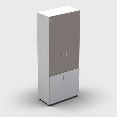 Armoire haute m�lamin� - 2 portes vitr�es + 2 portes m�lamin�s - 4 tablettes - 80 x 198 cm - verre �maill� gris souris - portes m�lamin�s gris clair - corps blanc neige