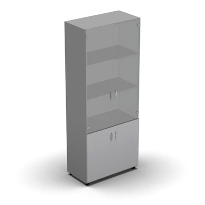Armoire haute mlamin - 2 portes vitres + 2 portes mlamins - 4 tablettes - 80 x 198 cm - verre transparent dpoli - portes mlamins gris clair - corps gris aluminium