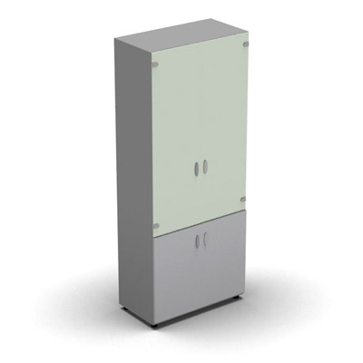 Armoire haute m�lamin� - 2 portes vitr�es + 2 portes m�lamin�s - 4 tablettes - 80 x 198 cm - verre �maill� blanc - portes m�lamin�s gris clair - corps gris aluminium