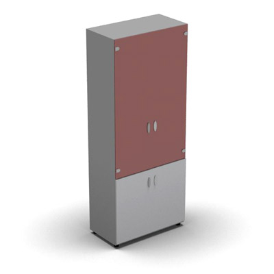 Armoire haute m�lamin� - 2 portes vitr�es + 2 portes m�lamin�s - 4 tablettes - 80 x 198 cm - verre �maill� rouge rubis - portes m�lamin�s gris clair - corps gris aluminium