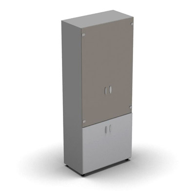 Armoire haute m�lamin� - 2 portes vitr�es + 2 portes m�lamin�s - 4 tablettes - 80 x 198 cm - verre �maill� gris souris - portes m�lamin�s gris clair - corps gris aluminium