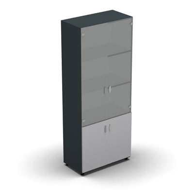 Armoire haute mlamin - 2 portes vitres + 2 portes mlamins - 4 tablettes - 80 x 198 cm - verre transparent dpoli - portes mlamins gris clair - corps gris anthracite
