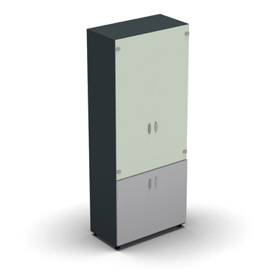 Armoire haute m�lamin� - 2 portes vitr�es + 2 portes m�lamin�s - 4 tablettes - 80 x 198 cm - verre �maill� blanc - portes m�lamin�s gris clair - corps gris anthracite